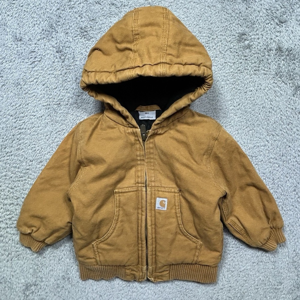 Carhartt Jacket Toddler 18M Brown Hoodie Quilted Lined Duck Canvas Outdoor Hood